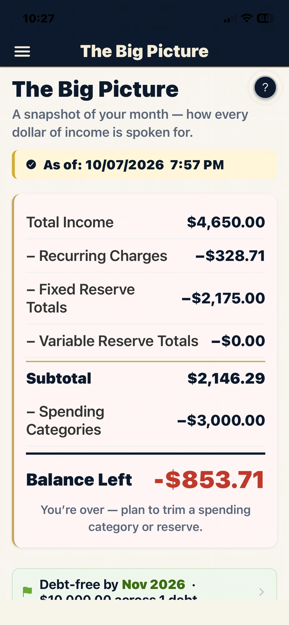 The Getting Ahead Guidebook app The Big Picture screen showing income, reserves, spending, and balance left for the month