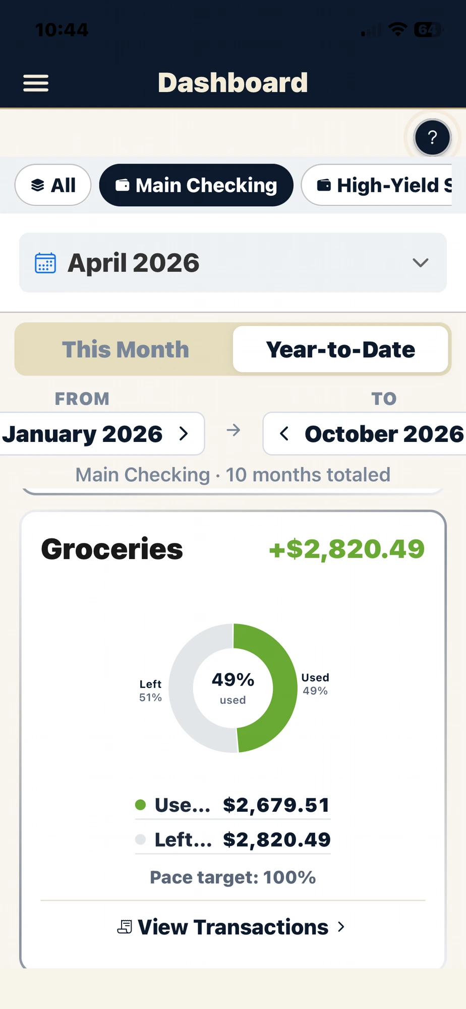 The Getting Ahead Guidebook app — Dashboard showing the Groceries budget on track, 49% used with money left for the month
