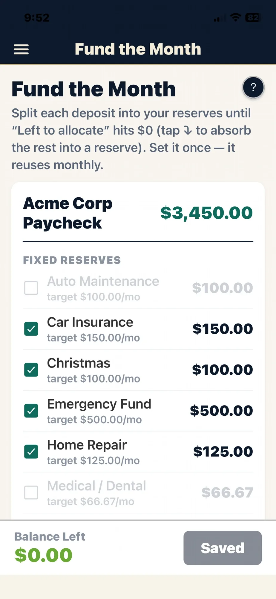 The Getting Ahead Guidebook app Fund the Month screen splitting a paycheck into reserve envelopes with $0 left to allocate