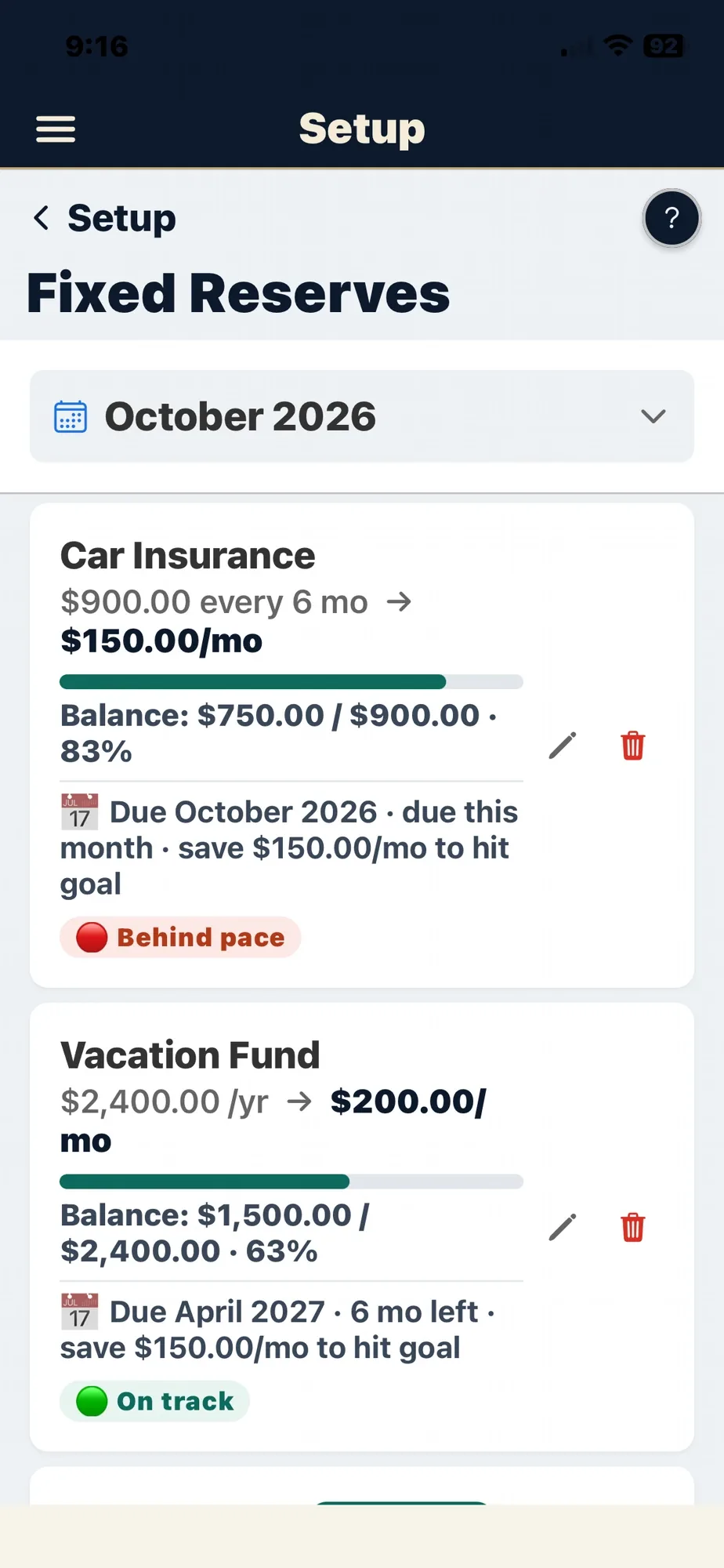 The Getting Ahead Guidebook app Reserves screen showing sinking funds set aside each month for big upcoming bills